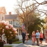 Barátságos helyiek sétálnak egy déli utcán Charlotte-ban, virágzó magnóliák között.