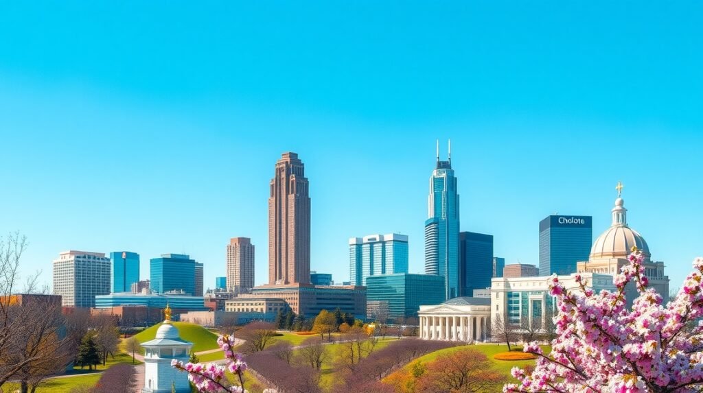 Charlotte város látképe tavaszi virágzás idején.