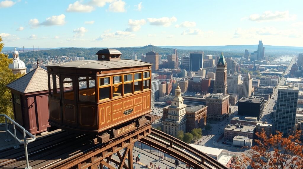 Duquesne Incline sikló Pittsburgh panorámájával