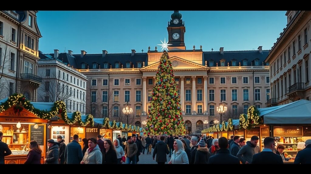 Bécsi karácsonyi vásár a Rathausplatzon, díszfával és látogatókkal.