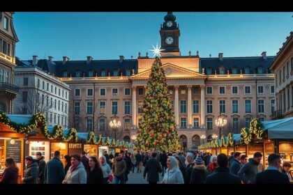 Bécsi karácsonyi vásár a Rathausplatzon, díszfával és látogatókkal.