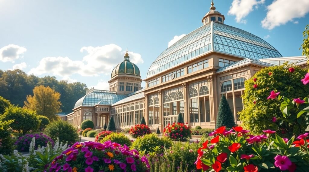 A Phipps Conservatory üvegházai Pittsburghban színes virágok között.