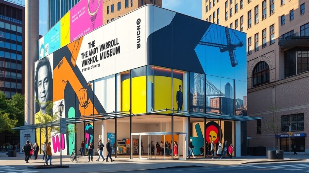 Az Andy Warhol Múzeum épülete Pittsburghben, élénk színű muralokkal.