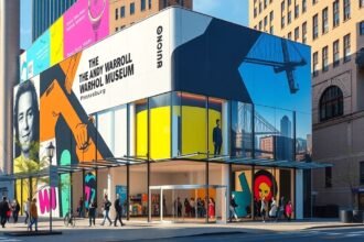 Az Andy Warhol Múzeum épülete Pittsburghben, élénk színű muralokkal.