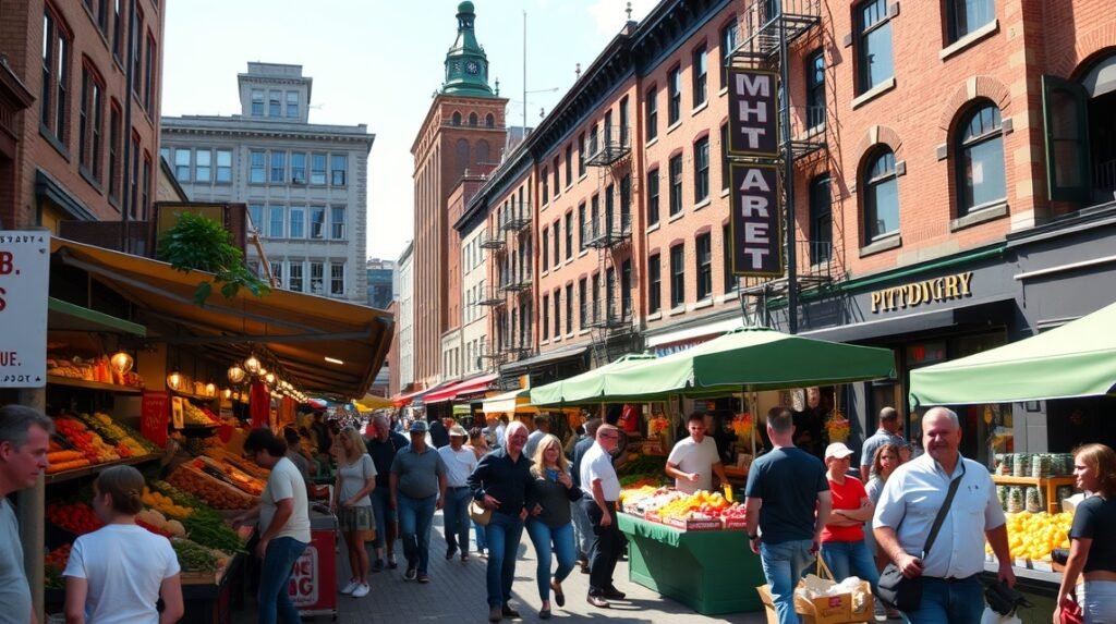 Pittsburgh Strip District piac, friss helyi alapanyagokkal és hangulatos utcákkal.