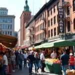 Pittsburgh Strip District piac, friss helyi alapanyagokkal és hangulatos utcákkal.