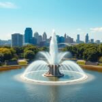 A Point State Park szökőkút Pittsburghban, városi látkép háttérrel.