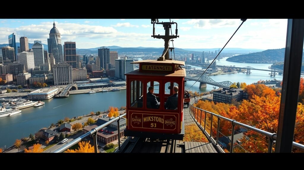 Monongahela Incline sikló Pittsburgh város panorámájával