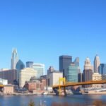 Pittsburgh sárga hídja a város ikonikus épületeivel a háttérben.