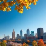 Pittsburgh városképe őszi falevelekkel és kék éggel