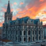 Notre-Dame de Québec bazilika-katedrális impozáns homlokzata naplementében