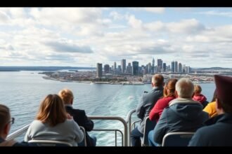 Panoráma a Lévis felé kompozó turisták mögött