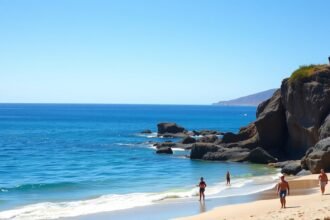 Napsütéses tengerpart a Kanári szigeteken, nyaralás ideális környezetben.