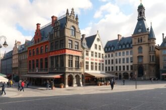 A Place Royale négyzet Québecben, történelmi épületekkel és kávézókkal.