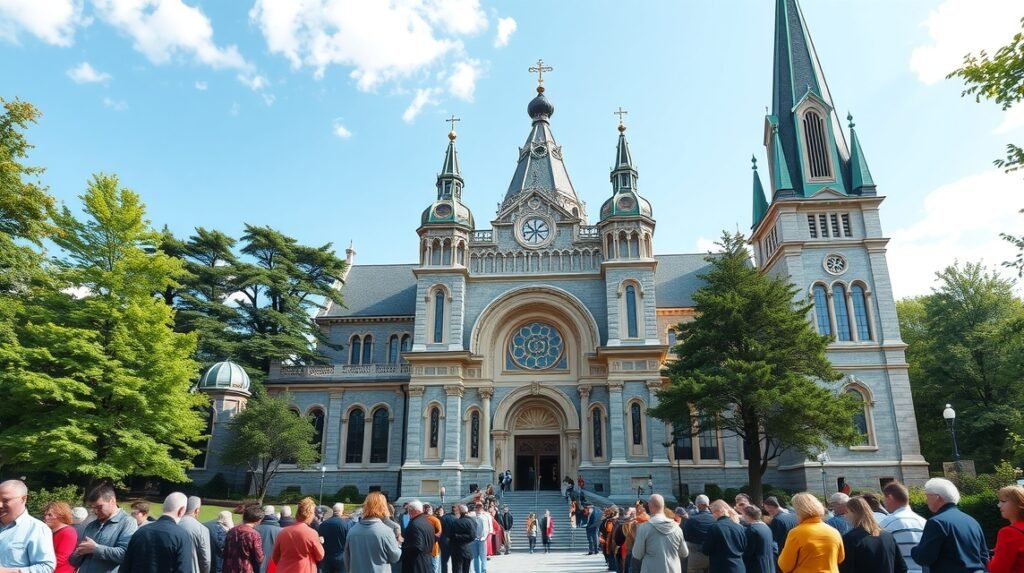 A Sainte-Anne-de-Beaupré bazilika gyönyörű épülete és zarándokok