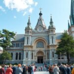 A Sainte-Anne-de-Beaupré bazilika gyönyörű épülete és zarándokok