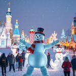 Bonhomme hóember a Québec-i Téli Karnevál előtt a jégpalotával.