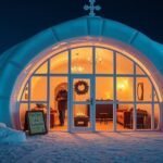 Hôtel de Glace éjszakai kép, varázslatos jégpalota Québecben