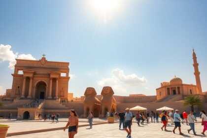 Turisták az egyiptomi látnivalóknál, napfényes időben