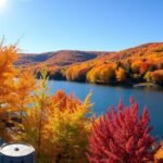 Őszi táj Québecben, színes lombok és vízpart.