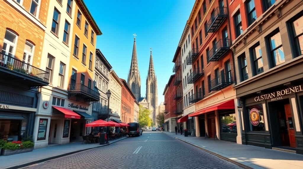 Vieux-Montréal macskaköves utcája történelmi épületekkel.