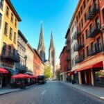 Vieux-Montréal macskaköves utcája történelmi épületekkel.