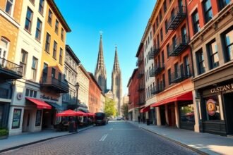 Vieux-Montréal macskaköves utcája történelmi épületekkel.