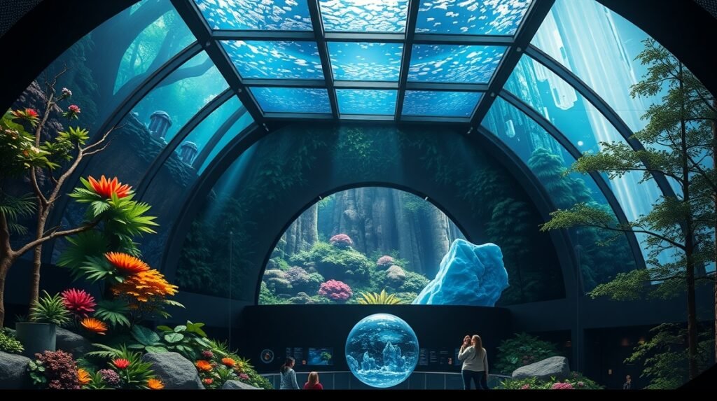 Interaktív kiállítás a montreali Biodôme-ban, trópusi ökoszisztémával.