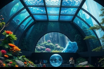 Interaktív kiállítás a montreali Biodôme-ban, trópusi ökoszisztémával.