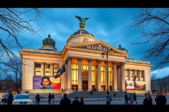 A Szépművészeti Múzeum gyönyörű épülete Montréalban, este világítva.