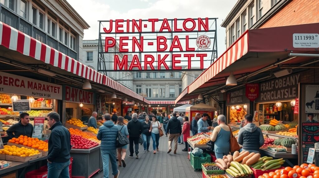 Jean-Talon piac termékei és látogatói a friss gyümölcsök között.