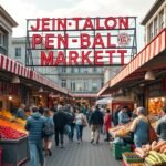 Jean-Talon piac termékei és látogatói a friss gyümölcsök között.