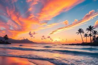 Hawai'i naplemente pálmafákkal és tengerparttal