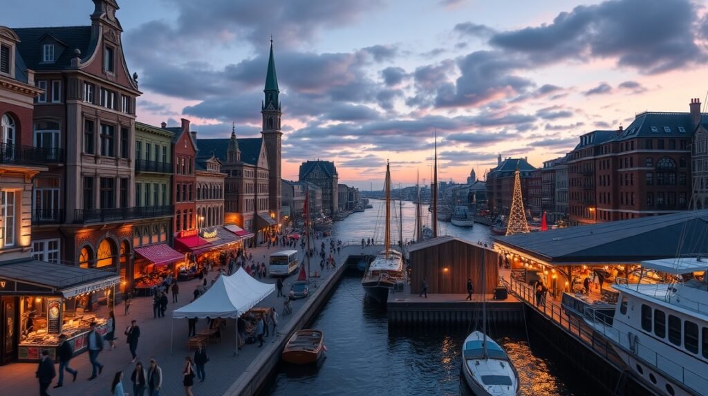 Pezsgő élet a Montréal Régi Kikötőjében naplementében