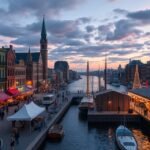 Pezsgő élet a Montréal Régi Kikötőjében naplementében