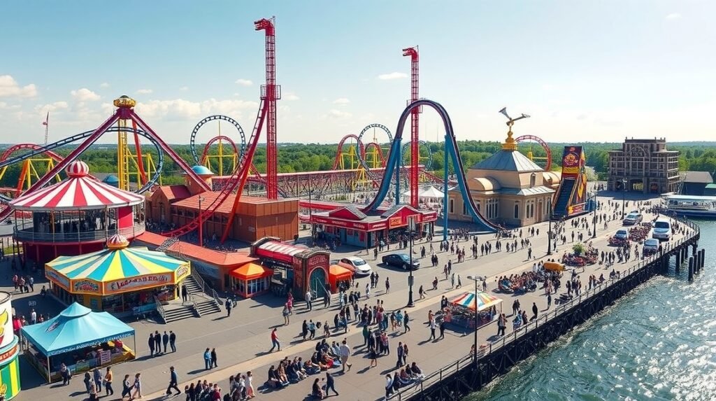 La Ronde vidámpark Montreal szigeten, hullámvasutakkal és látványosságokkal
