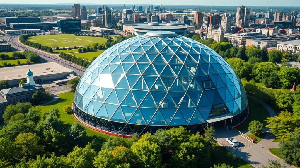Montréal Bioszféra geodézikus kupolája zöld környezetben