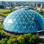 Montréal Bioszféra geodézikus kupolája zöld környezetben