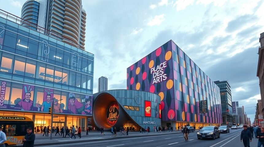 A Place des Arts, Montréal kulturális központja, vibráló épülettel és művészeti programokkal.