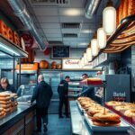 Kézzel készült bagel és füstölt hús ételek a montréali pékségben.