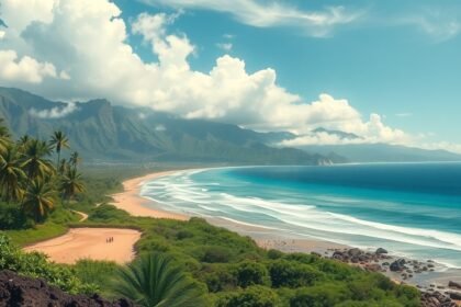 Hawaii trópusi tengerparti táj, pálmafákkal és hegyekkel.