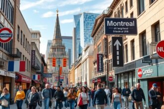 Montréal városnézet, emberek a mozgalmas utcán, kulturális élmény