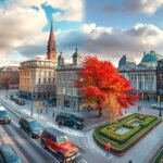 Montreal őszi városkép színes fákkal és forgalmas utcákkal