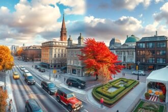 Montreal őszi városkép színes fákkal és forgalmas utcákkal