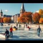 Korcsolyázók és csónakázók az Ottawa Rideau-csatornán ősszel