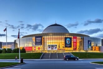 A Kanadai Történeti Múzeum épülete Gatineau-ban naplementében.