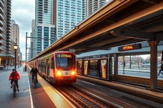 Kerékpárosok az O-Train vasútállomás mellett Ottawában.