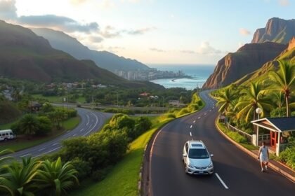 Autó a hawaii úton pálmafák között