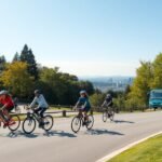 Kerékpározás a Stanley Parkban, városi kilátással és zöld természetben.