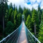 Capilano függőhíd, lenyűgöző kilátás a lombkorona felett Vancouverben.